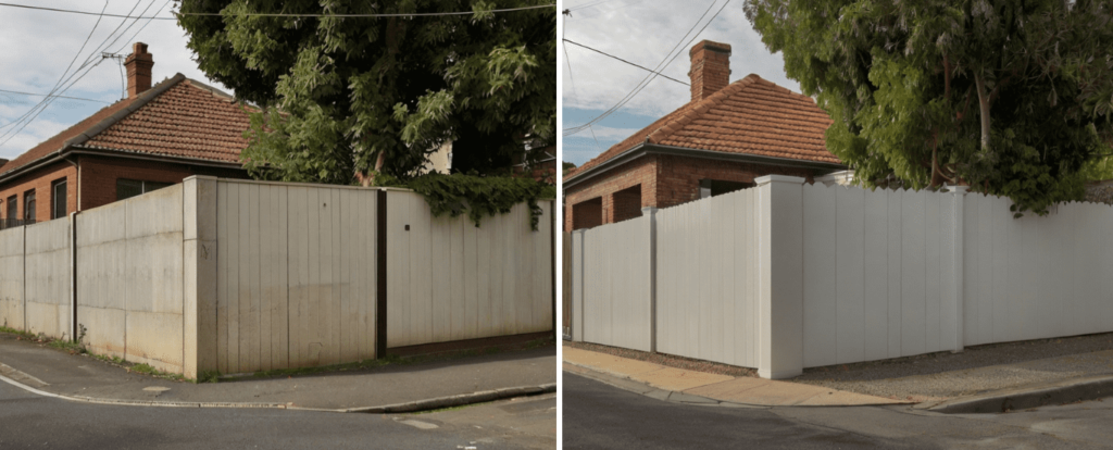 prima e dopo della ristrutturazione esterna di una casa con recinzione